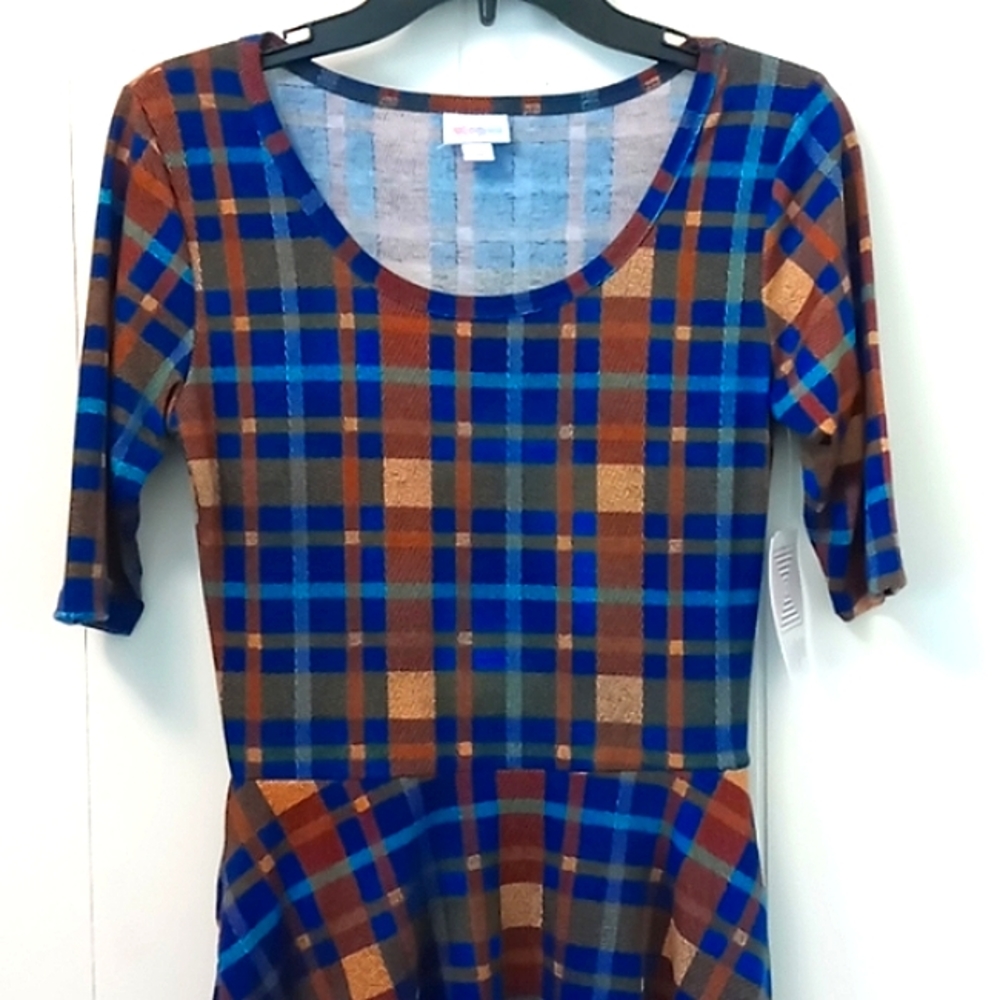 LuLaRoe Nicole dress blue and brown plaid S NWT